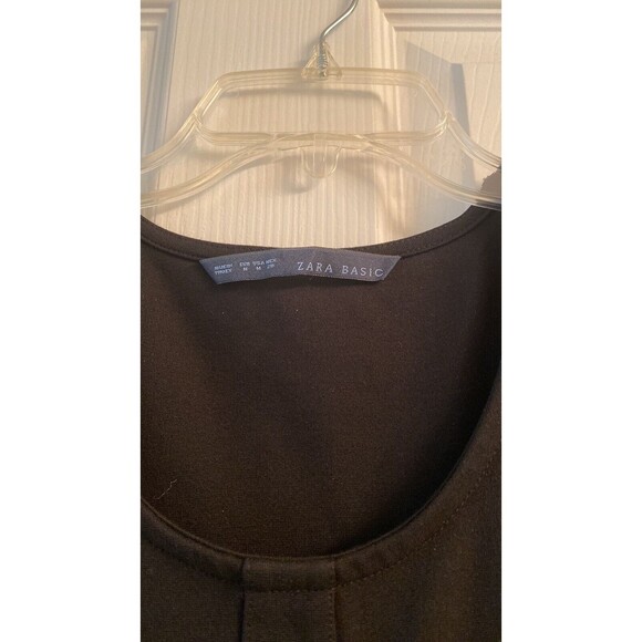 Zara Basic Black Fit and Flare Dress Sz Medium Crew Neck Front Bow Short Sleeve - Picture 3 of 7